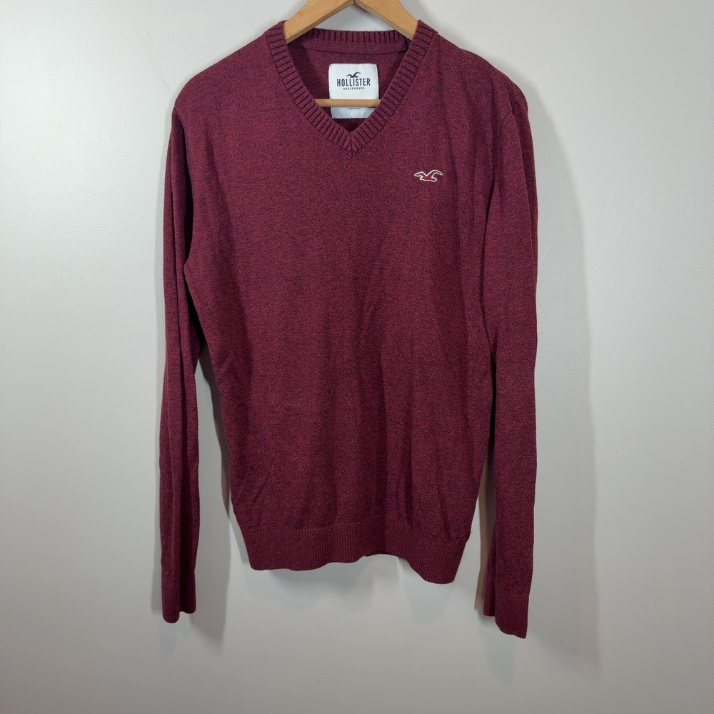 Hollister Mens V-Neck Sweater Size M Maroon Burgundy Marl Knit Logo Stretchy